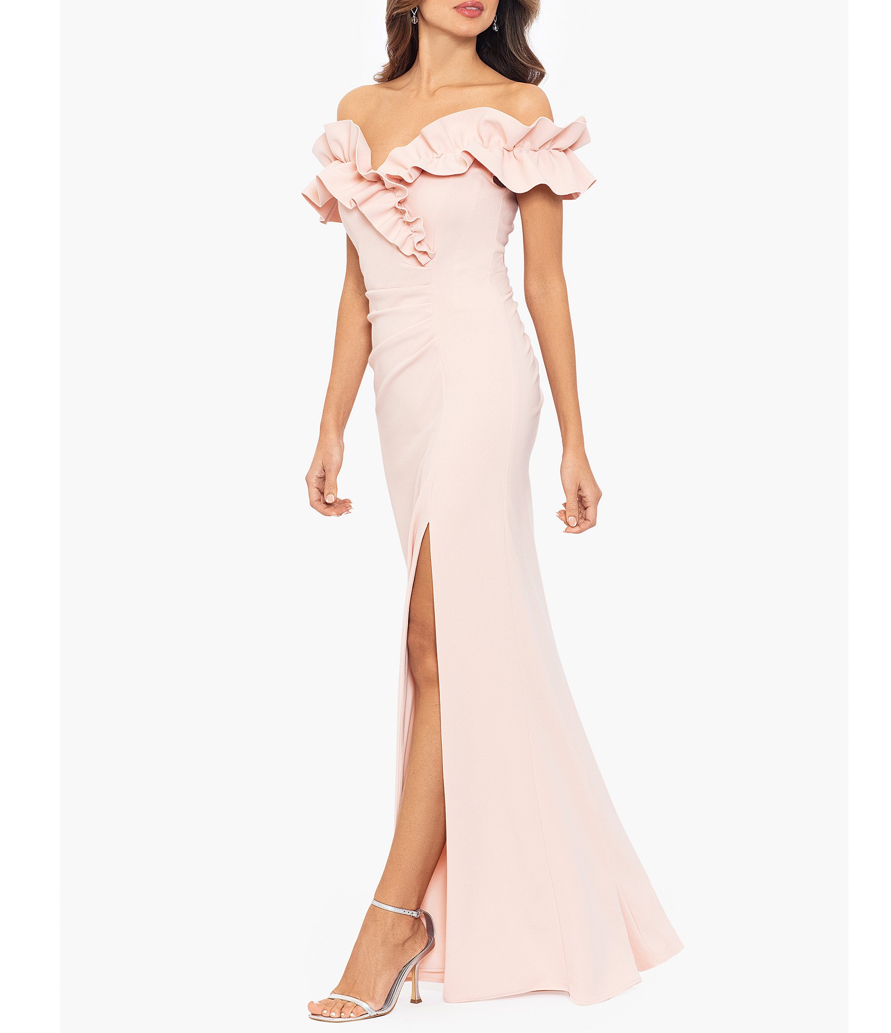 Xscape Stretch Ruffle Off-the-Shoulder Ruched Back Gown