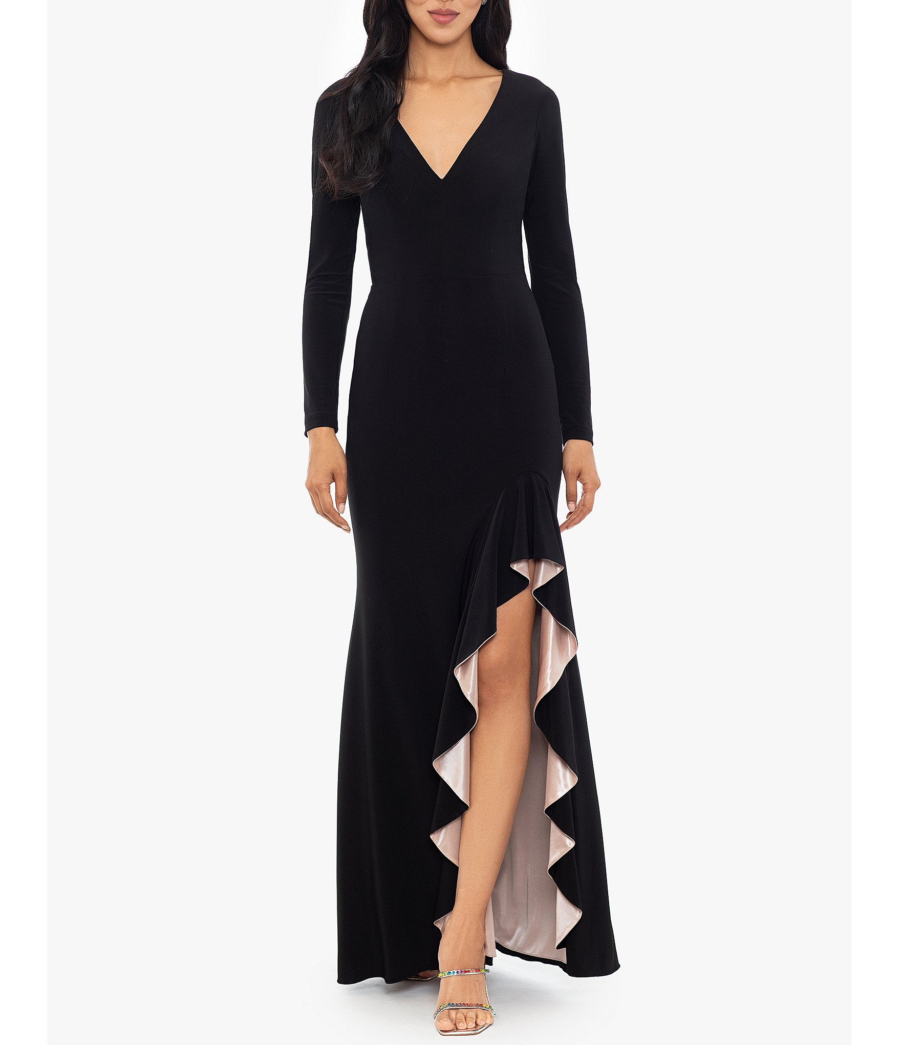 Xscape Stretch V-Neck Long Sleeve Cascading Ruffle Gown