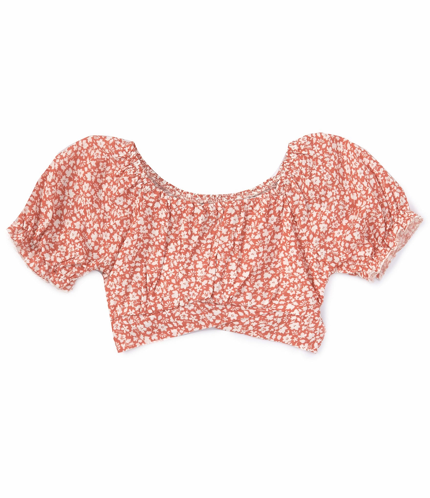 Xtraordinary Big Girls 7-16 Short Sleeve Ditsy-Floral Tie-Back Cropped Top