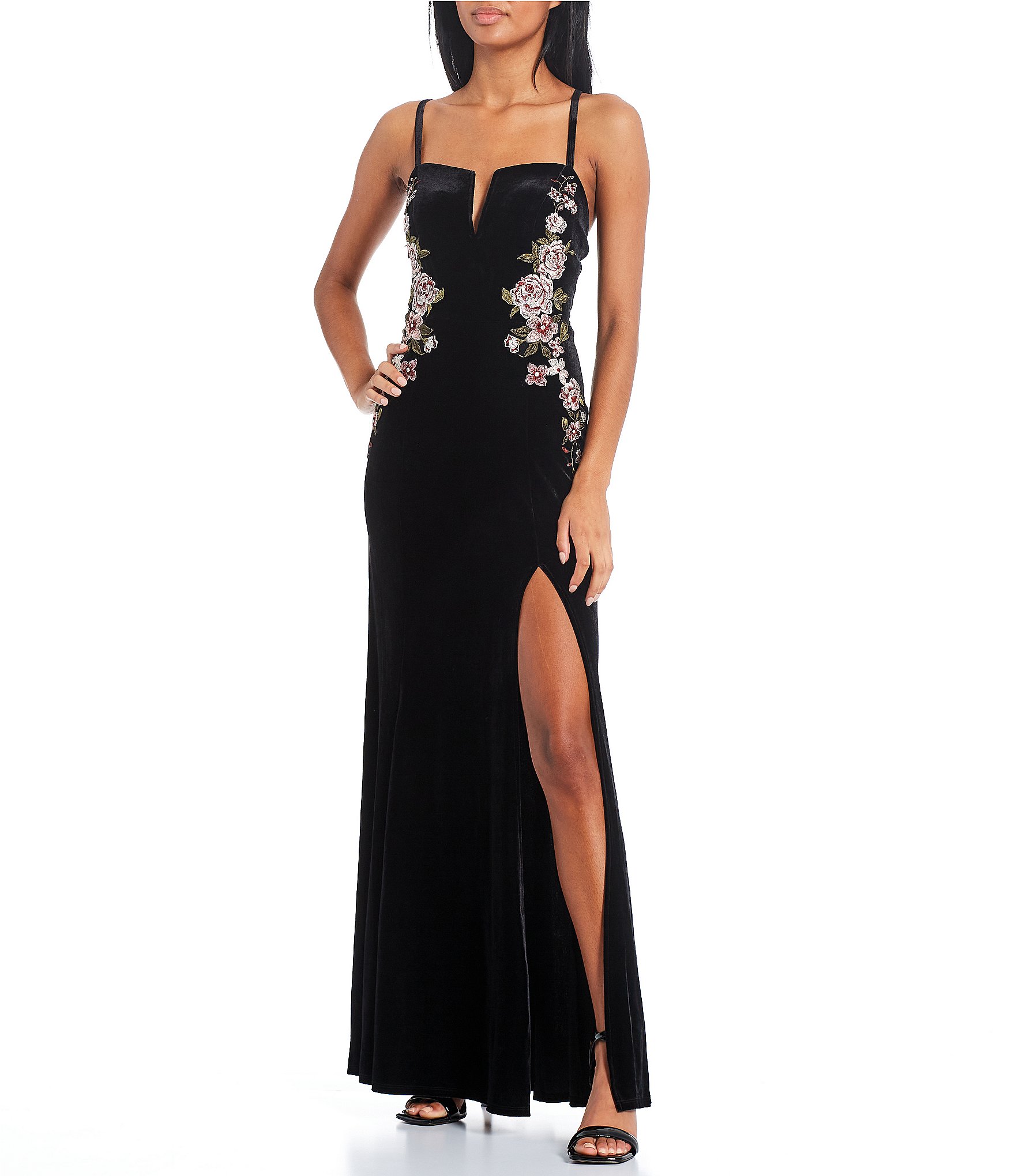 Xtraordinary Velvet Floral Applique Notch V-Neck Front Slit Long