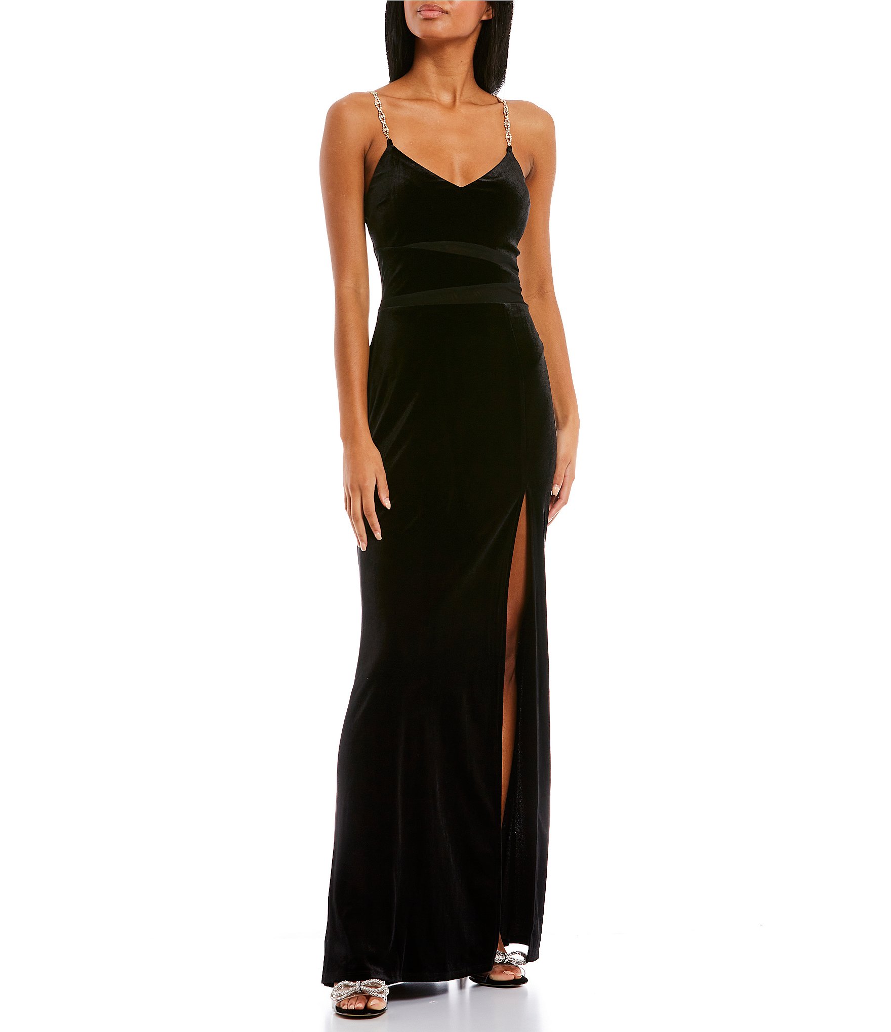 Xtraordinary Velvet Illusion Mesh Side Slit Long Dress | Dillard's