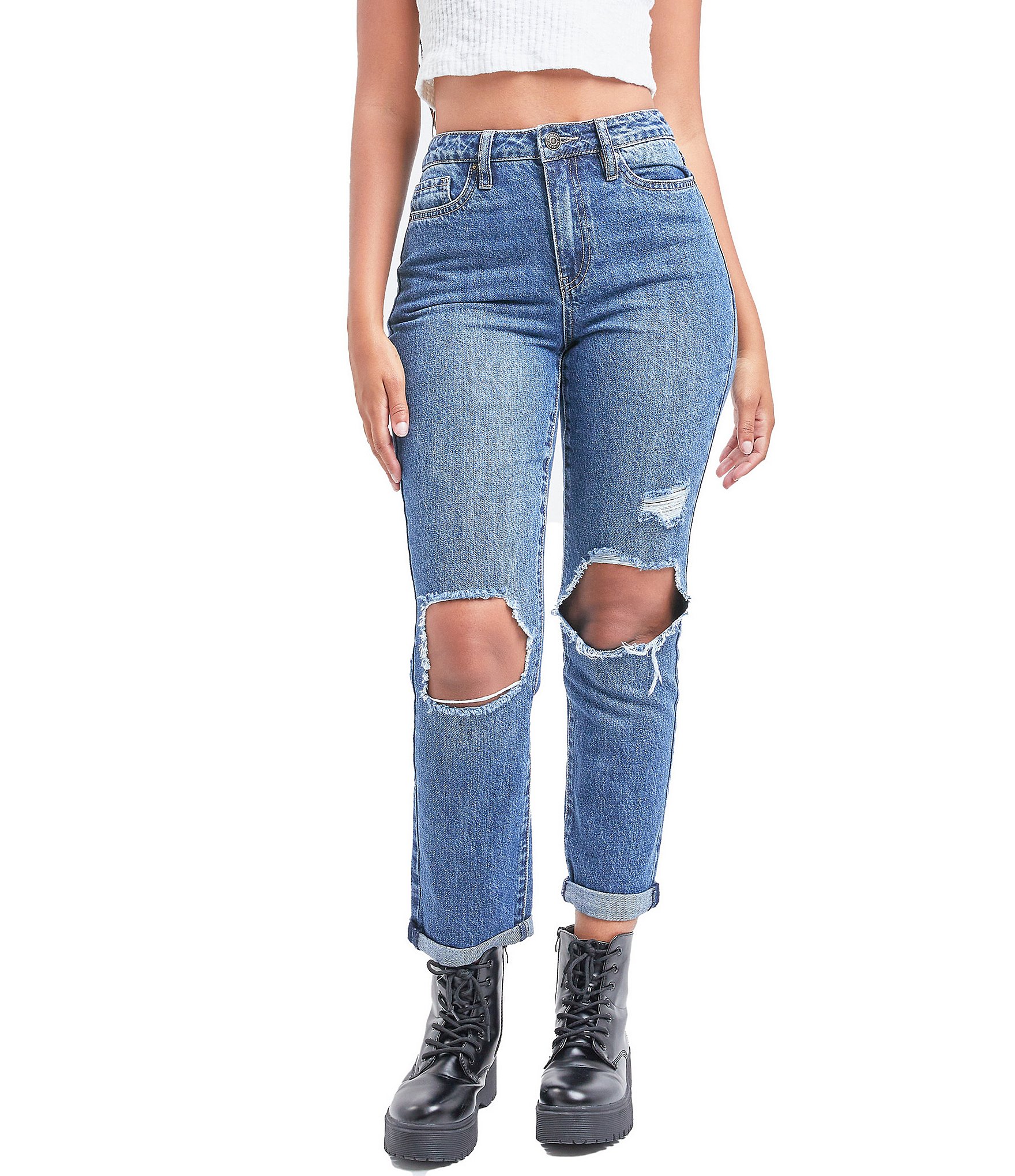 YMI Jeanswear Dream High Rise Destructed Hybrid Mom Jeans | Dillard's