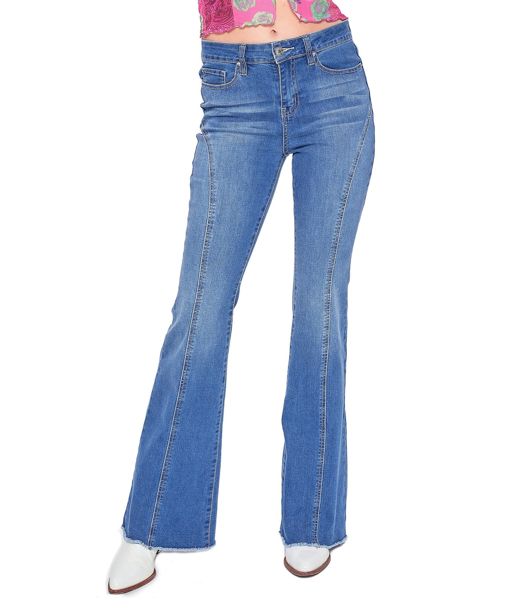 Ready For Anything High Waist Bell Bottom Flares With Ripped Knees And Fray  Hem - Light Blue