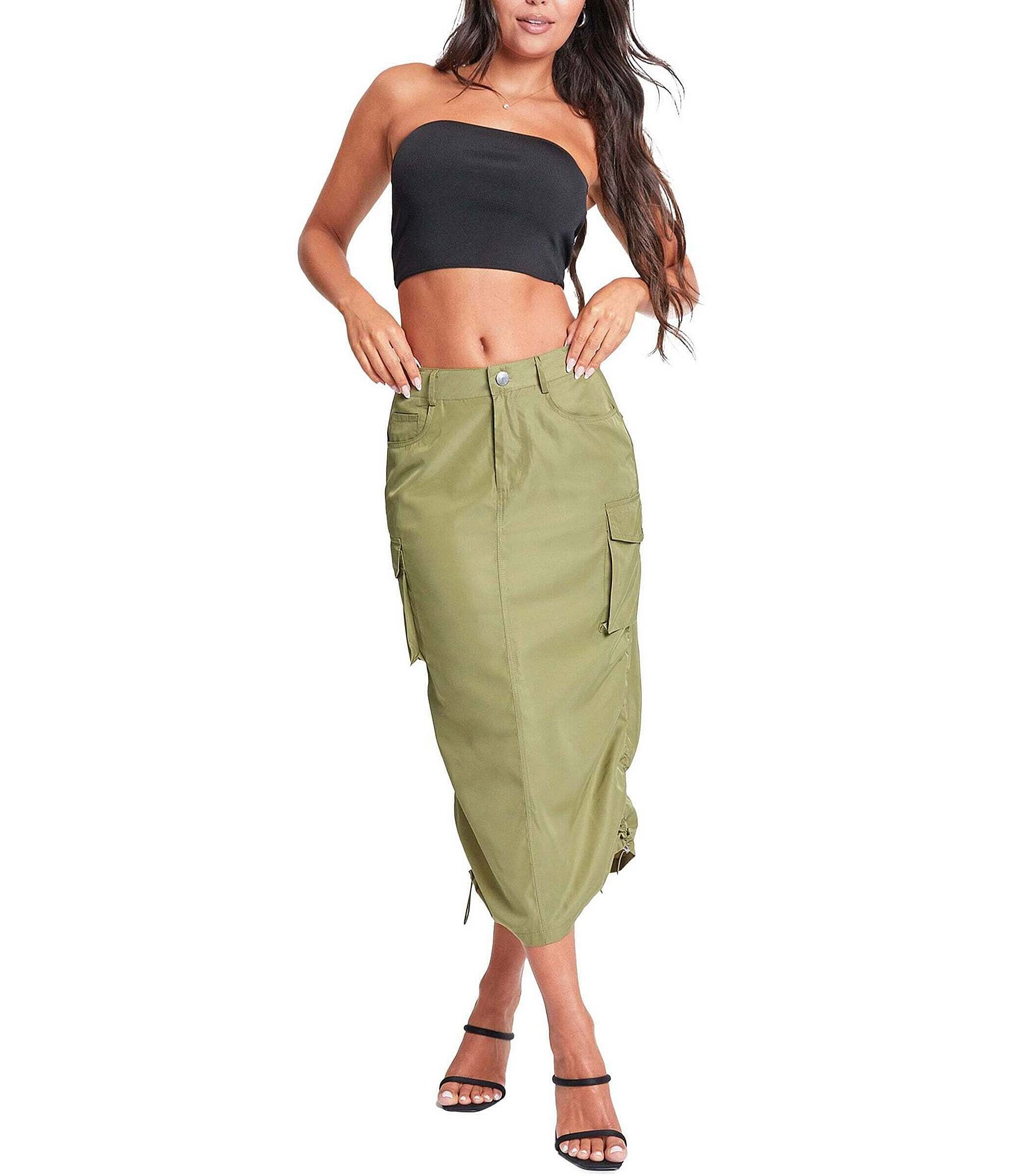 YMI Jeanswear Mid Rise Midi Cargo Skirt