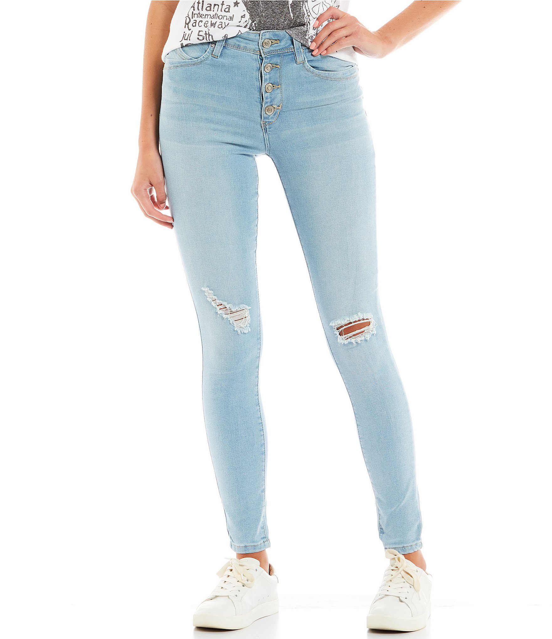 YMI Jeanswear WBB Exposed Button Destructed Skinny Jeans | Dillard's