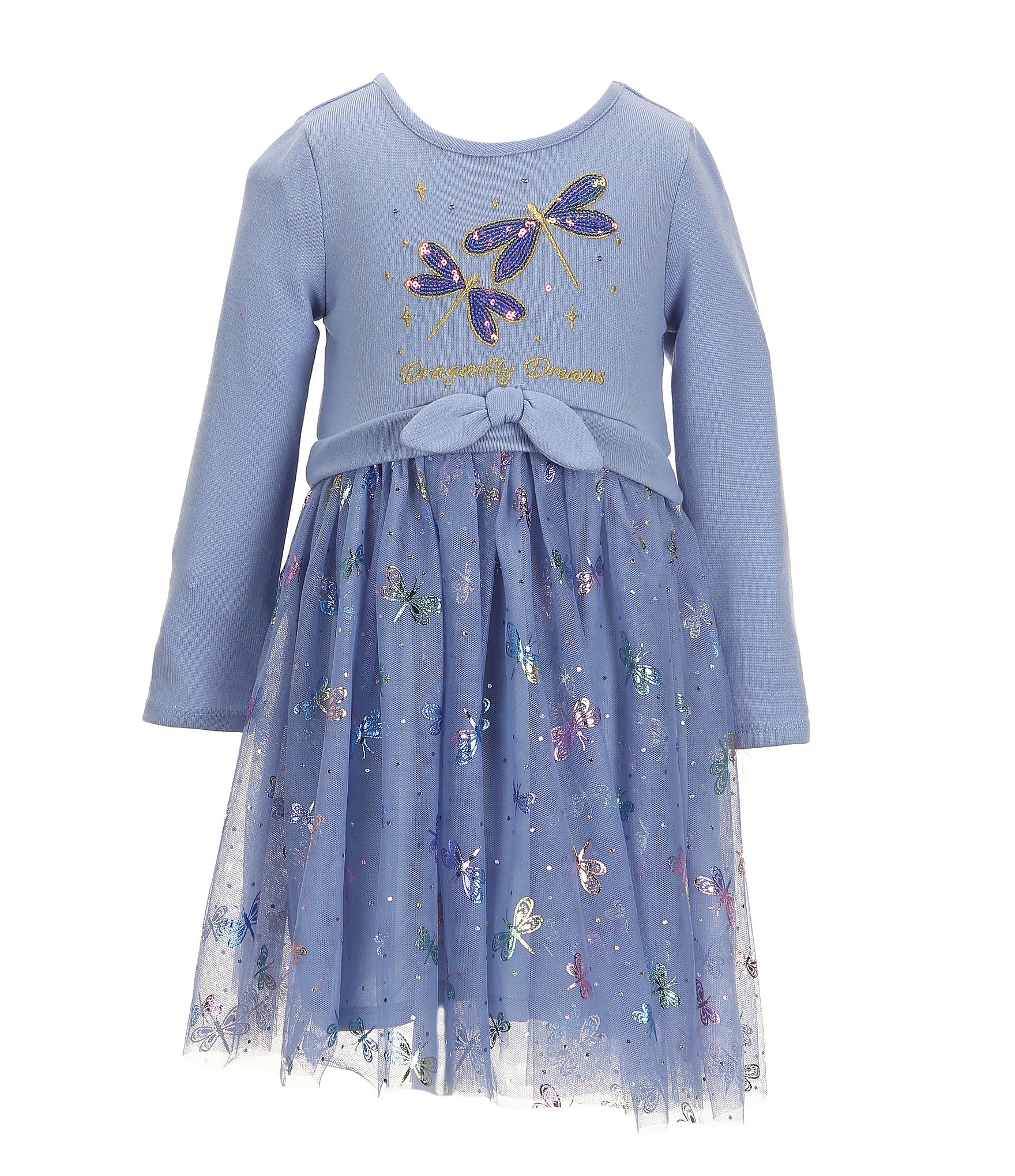 Zunie Little Girls 2-6X Long-Sleeve Hacci Dragonfly-Motif Popover Bodice/Allover Dragonfly Tutu Skirted Fit & Flare Dress