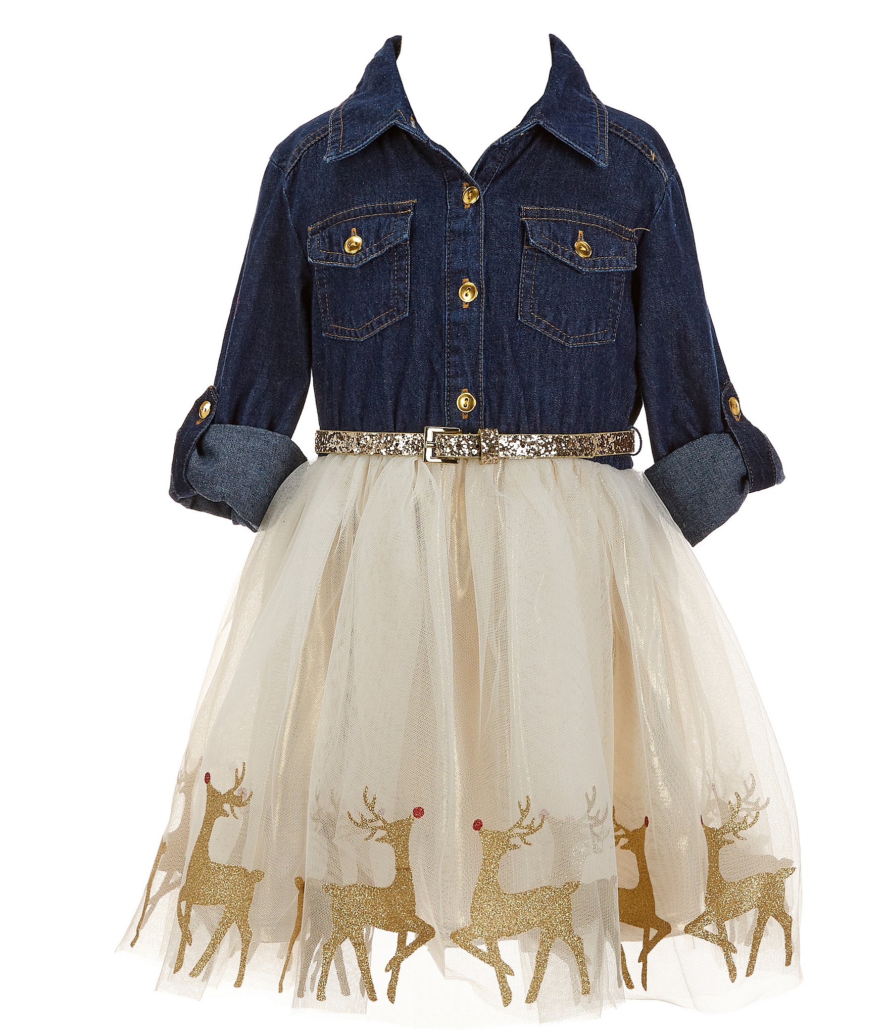 Zunie Little Girls 4-6X Long Sleeve Denim-Bodice/Christmas Reindeer Border  Hem Mesh-Skirted Dress | Dillard's