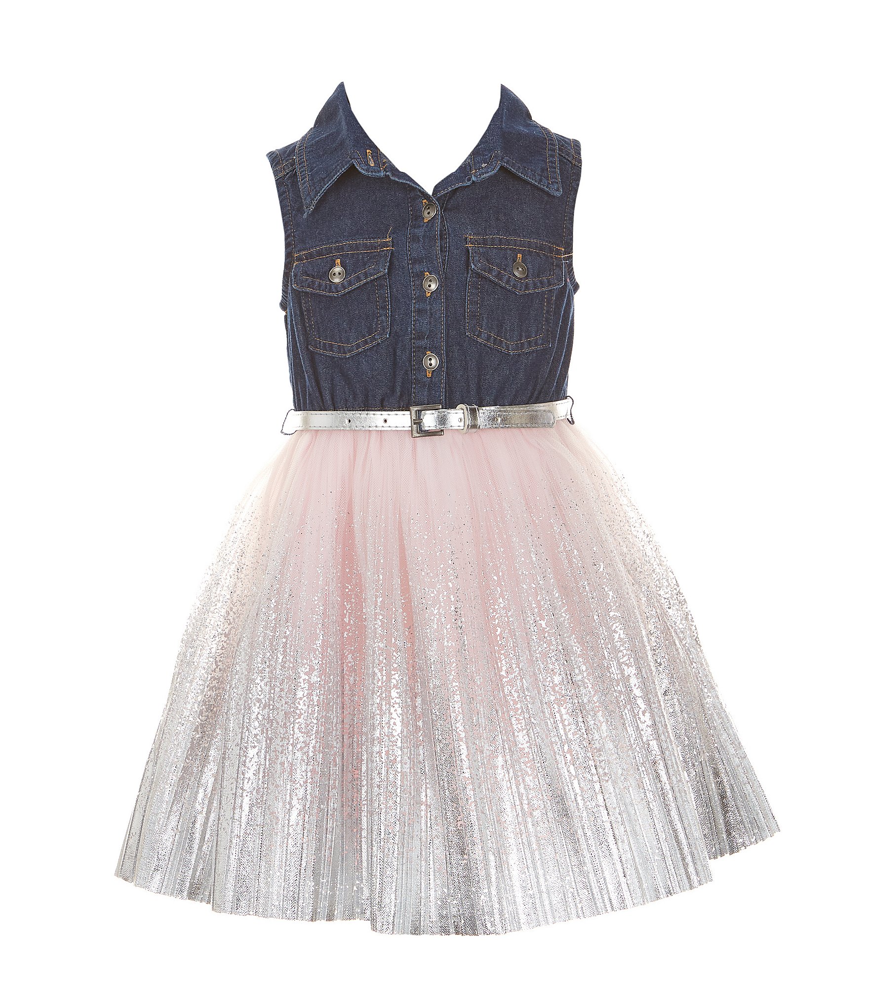 Zunie Little Girls 4-6X Sleeveless Denim/Foil-Printed-Border Mesh Tutu-Skirted Dress