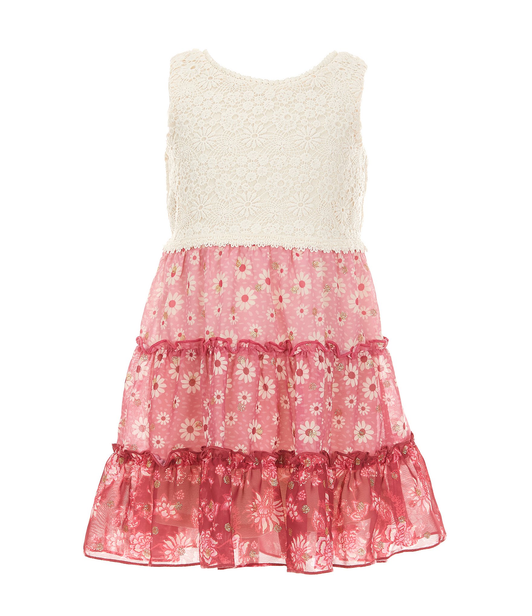 Zunie Little Girls 4-6X Sleeveless Lace-Bodice/Mixed-Media Floral Printed Fit & Flare Dress