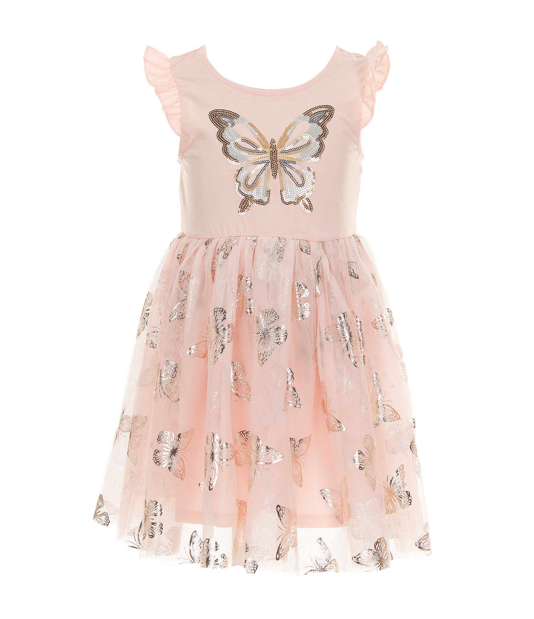Zunie Little Girls Flutter-Sleeve Foiled-Butterfly Fit-And-Flare Dress